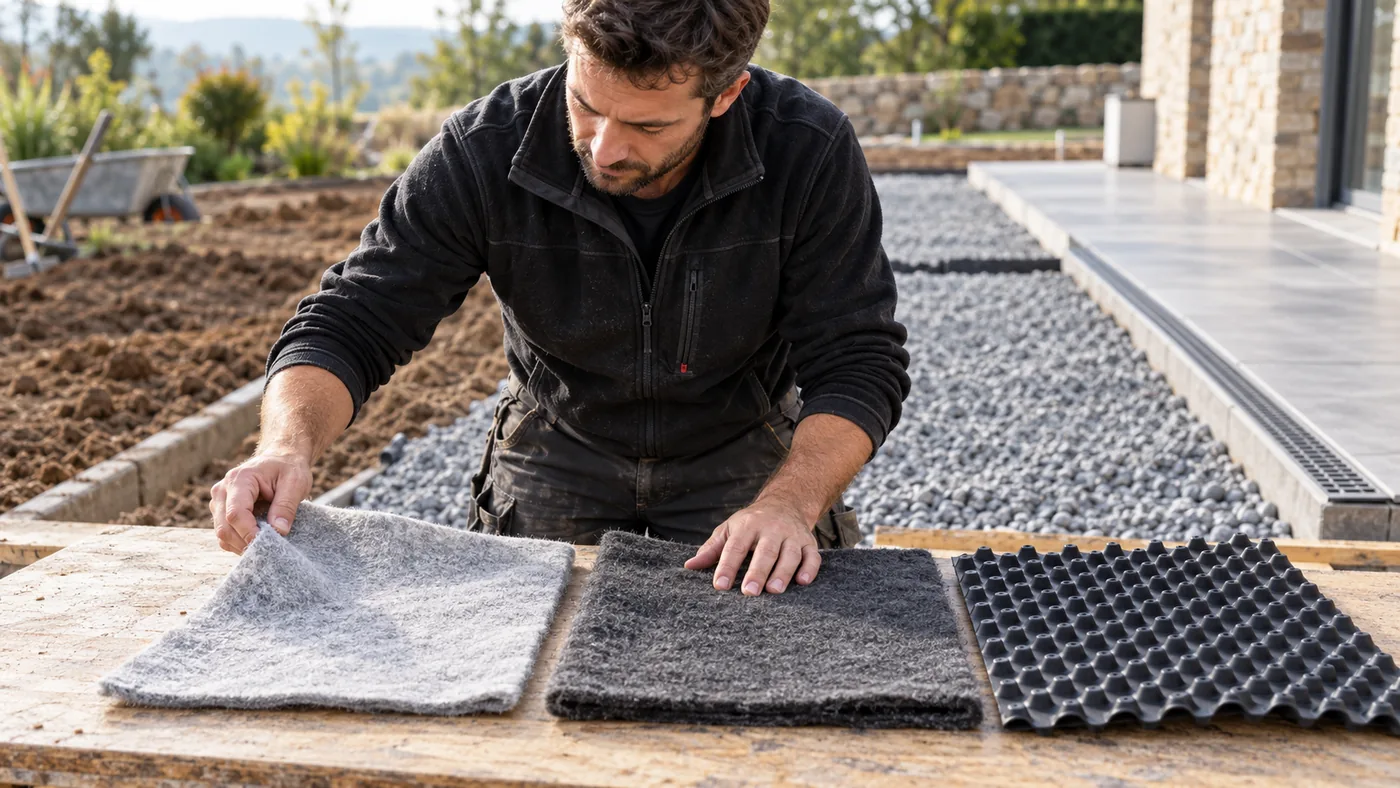 Quel géotextile choisir : 150 g, 300 g ou Geo Drain ? 1 Professionnel comparant un géotextile 150 g, un géotextile 300 g et une nappe drainante avant la pose